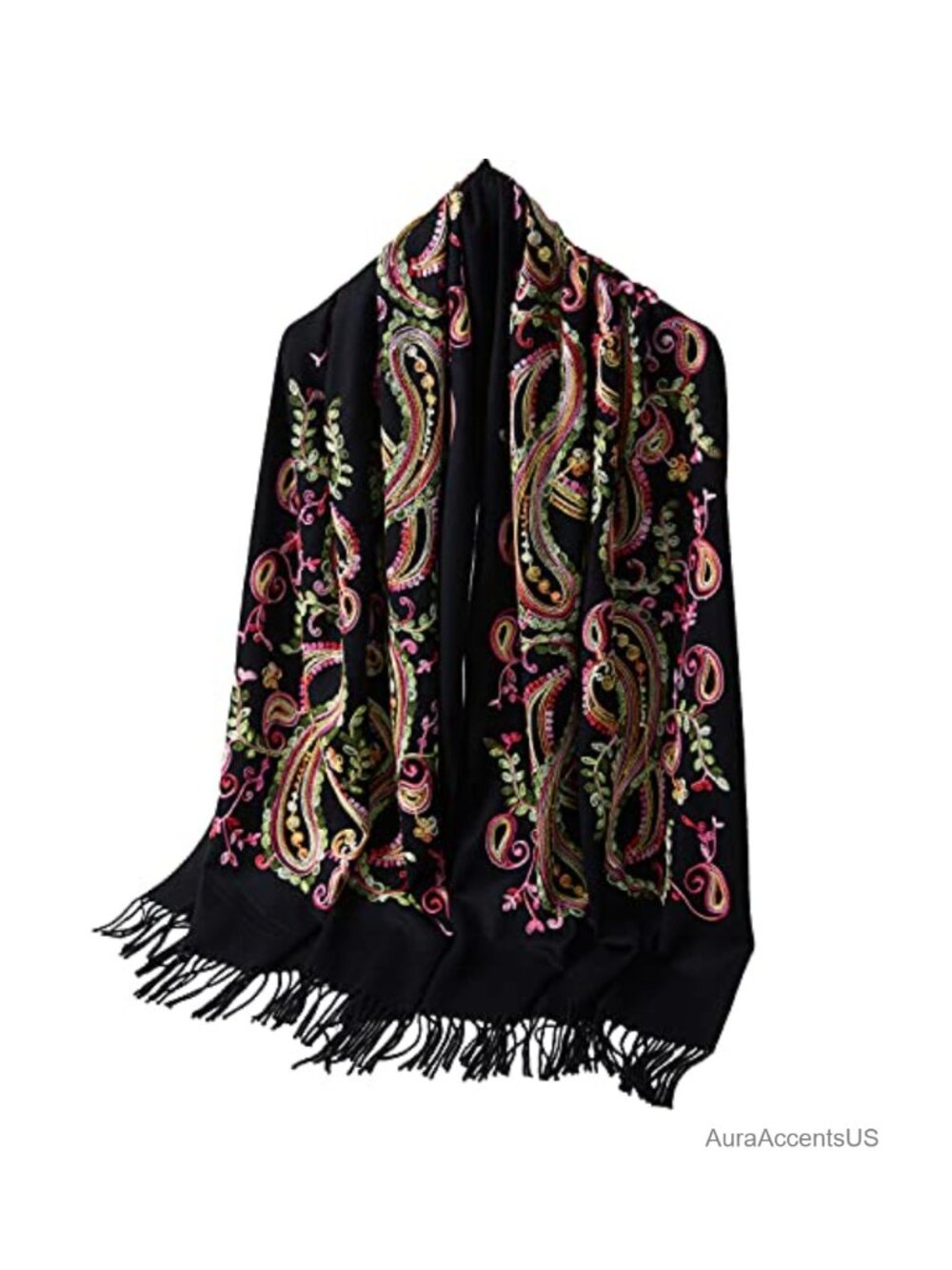 Embroidered Paisley Shawl Wrap with Fringes Acrylic Viscose Soft Poncho Cape